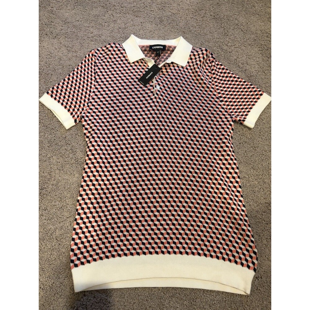 Express Men's Geometric Knit Polo Shirt Short Sleeve Collared Button Size S
